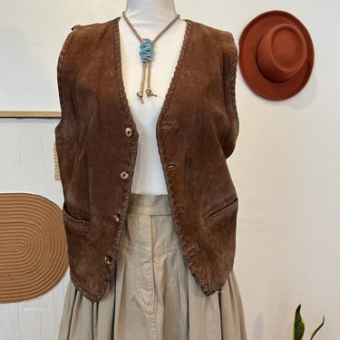 Vintage Brown Genuine Leather Woven Trim Button Western Vest Unisex 