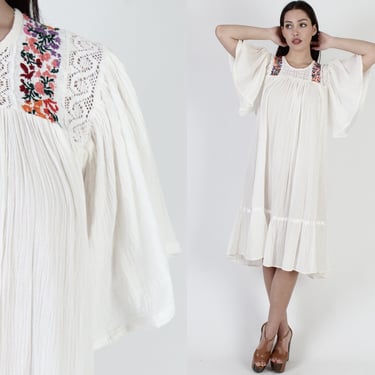 Mexican Floral Embroidered Gauze Caftan, Vintage Thin Fiesta Angel Sleeve Mini Dress 