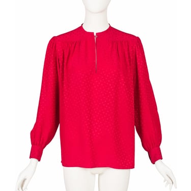 Yves Saint Laurent 1980s Vintage Red Polka Dot Jacquard Silk Blouse Sz L XL 