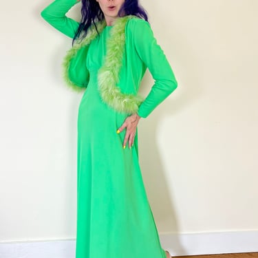 70’s Neon Green Monster Feathered Two Piece Halter Maxi Dress Jacket Set