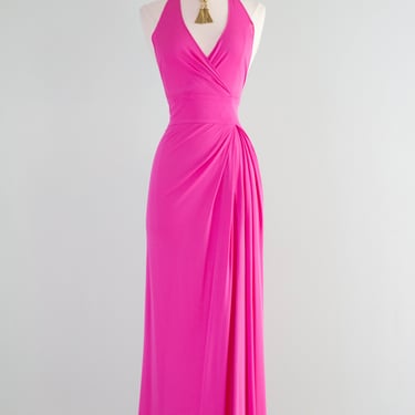 Rare 1970's Mia Vicky Vicky Tiel Shocking Pink Halter Dress / Small