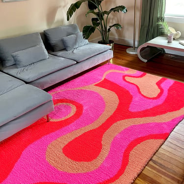 Hand tufted area rug. Pink and orange swirl design, modern art, floor art, home decor, wall mural 