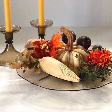 Vintage 3 Piece Glass Console Set Bowl & Candle Holders MCM Smoked Glass Console Set Large Centerpiece Bowl and Matching Candlestick Holders 