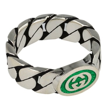 GUCCI- Wide Sterling Silver & Enamel Gourmette Chain Ring, Gucci Size-16