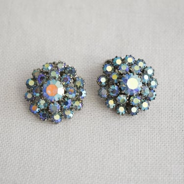 1950s Weiss Blue AB Rhinestone Clip Earrings 