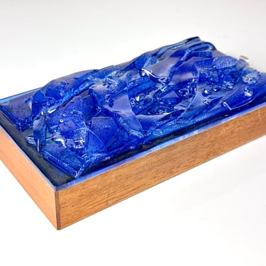 Vintage Mid Century Modern Cobalt Blue Fused Glass Lidded Teak Trinket Box by Robert Brown 1960s 