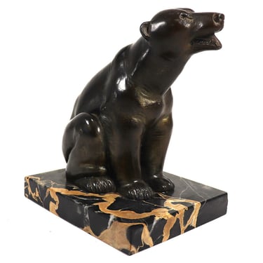 1925 Antique French Art Deco Patinated Bronze and Marble Polar Bear Statuette 