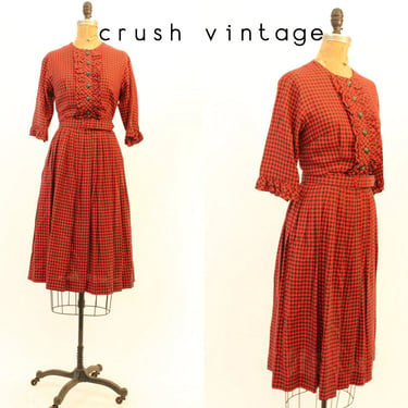 1950s plaid cotton dress | vintage Toni Todd ruffle bib dress 