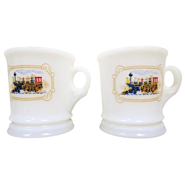 2 Vintage Avon Milk Glass Shaving Mugs Cups Railroad Train Locomotive 