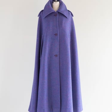 Fabulous 1970's Irish Wool Cape In Heather Periwinkle / OS