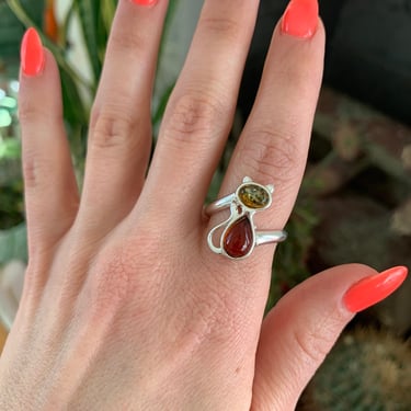 Sterling Amber Kitty Ring