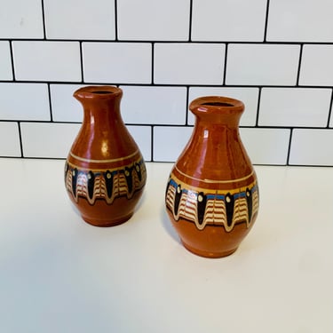 Pair of Vintage Russian or Bulgarian Small Pottery Vodka Pitchers, Vintage Colorful Handcrafted Pottery 