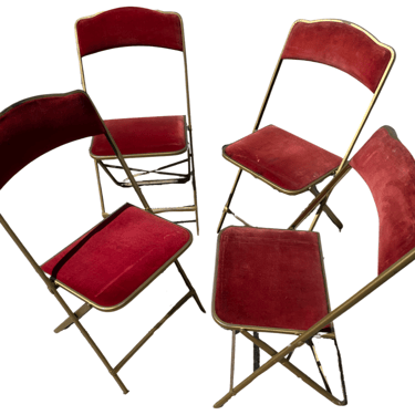 Set of 4 Vintage Red Velvet and Metal Folding Chairs