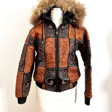 Vintage 80s 90s Quilted Bomber Jacket Hooded / Vintage Brown Black Leather Jacket / 1990s Coat Quilted Leather Jacket Women / Small Medium 
