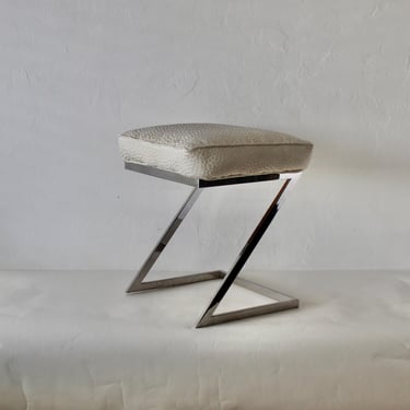 Modern Milo Baughman DIA Style Chrome Z Flat-Bar Chrome Steel Cantilevered White Padded Upholstered Stool 