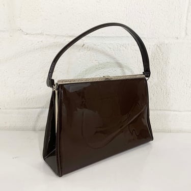 Vintage Brown Mod Purse Large Faux Patent Leather Bag Verdi USA Top Handle Mocha Handbag Kisslock Mid Century Structured 1960s 