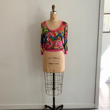 John Galliano vintage y2k lurex knit flamingo graphic sweater-size S/M 