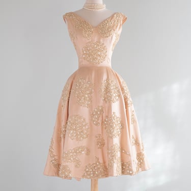 Iconic 1950's Blush Pink Satin Demi Couture Party Dress By Harvey Berin / Small