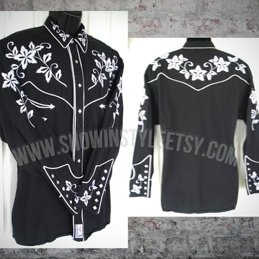 CLEARANCE!  Vintage Western Men's Cowboy & Rodeo Shirt by Panhandle Slim, Black with White Embroidered Flowers, Size Large (see meas. photo) 