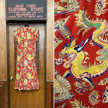 Vintage 1940’s Asian Dragon Print Rayon Hostess Hawaiian Dress, 1940s Rayon Dress, Dragon Print Dress, Vintage Hawaiian, Tiki Dress 