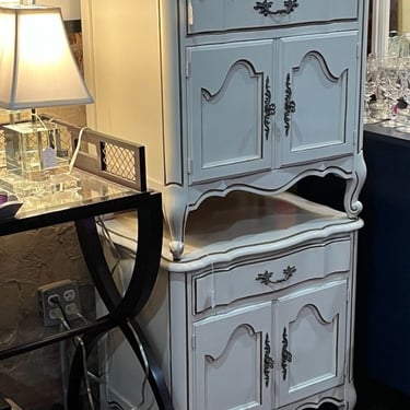Pair of white faux French nightstands 26” H x 25”D x 17.5”D