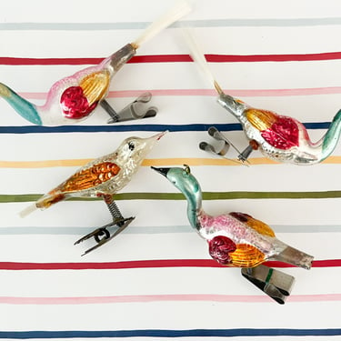 Four Vintage Mercury Glass Tree Clip Birds. Vintage Glass Bird Ornaments. 