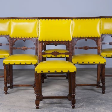 Antique French Henry II Style Walnut Dining Chairs W/ Yellow Vinyl - Set of 6 