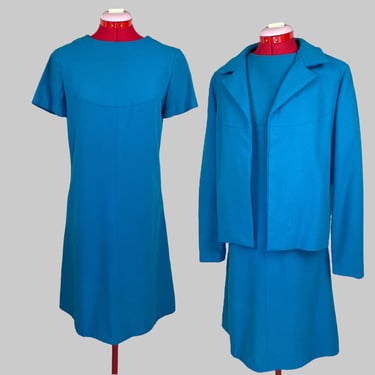 Vintage 1960s Two Piece Blue Wool Mod Shift Dress Suit Jacket Set Winter Gift 