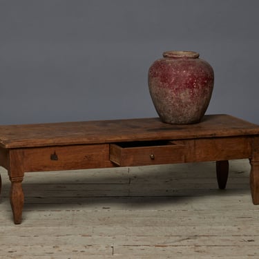 Long Low Teak Javanese One Drawer Coffee Table with Single Board Top & Square Tapered Legs