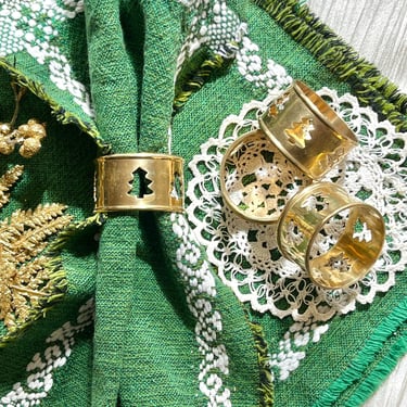 Holiday Napkins and Brass Napkin Rings Set, Cut Out Christmas Trees, Set of 4, Guatemala Textiles, Vintage Tableware Dining 