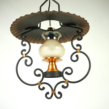 Big ceiling lamp of wrought iron , Hanging lamp mid century, old lamp from the 60, Vintage ceiling lamp with beige shade, black pendant lamp 