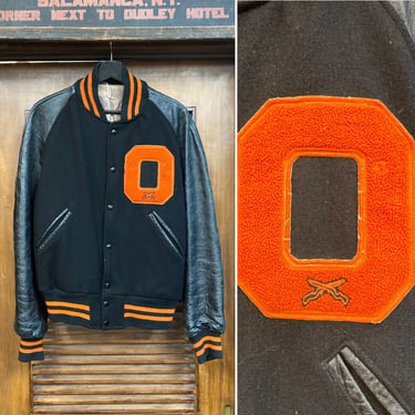 Vintage 1950’s Black x Orange Athletic Varsity Bomber Jacket, 50’s Letterman Jacket, Vintage Leather, Vintage Clothing 