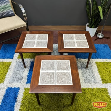 Set of 3 Mid-Century Modern walnut side tables with tile tops