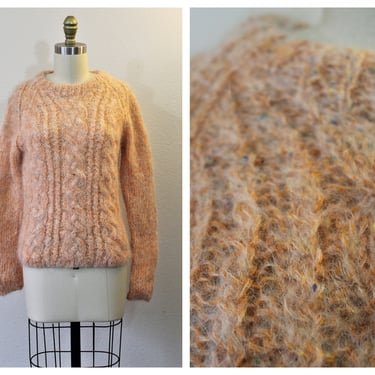 Vintage 1950s 60s Tangerine Peach orange Confetti Mohair wool cable knit Sweater jumper pin up // US 0 2 4 6 xs small 