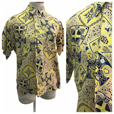 Vintage VTG 1940s 40s Rayon Yellow Geometric Patterned Button Up Blouse 