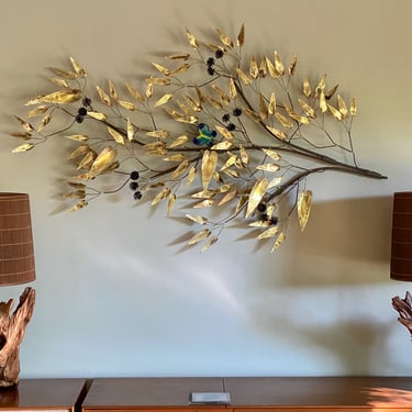 Curtis Jere Large Brass Tree Branch with Enamel Butterfly Wall Sculpture 