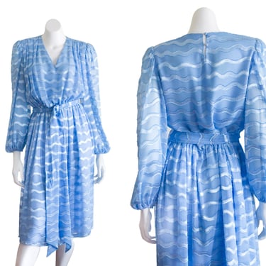 1980s Blue Blouson Dress with Belt 