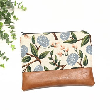 Ready to Ship! Rifle Paper Makeup Bag: Blue Peony/ Travel Pouch/ Vegan Leather 