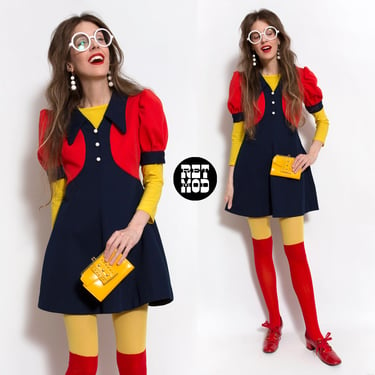 Adorable Vintage 70s Red & Navy Blue Color Block Dolly Dress 