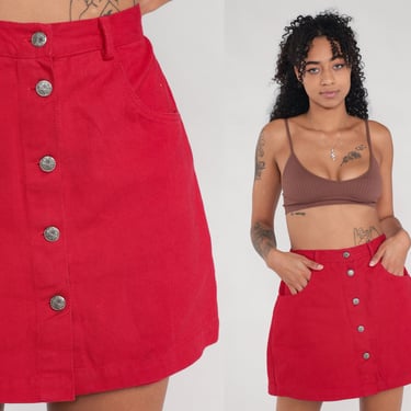 Red Jean Skort Button Up Skirt Culotte Skirt 90s Jeans High Waisted Jean Skirt Vintage 1990s Short Medium 30 