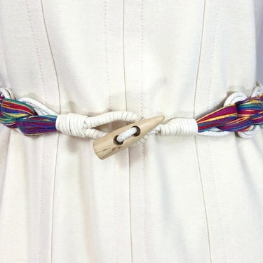 VINTAGE 80s Rainbow Macrame Rope Belt with Wood Toggle 31-33" | 1980s Colorful Pride Belt | 31" - 33" Waist | VFG 