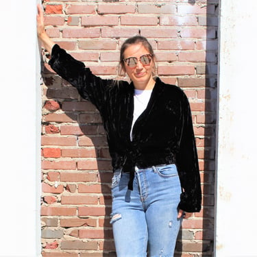 Vintage 1980s Norma Kamali Crushed Velvet Shirt Jacket, Black Waist Tie Top, Medium Women 