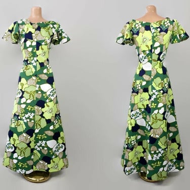 VINTAGE 60s Psychedelic Floral Hawaiian Print Maxi Dress with Flutter Sleeves and Cowl Neckline | 1960s Green Floral Hostess Dress | VFG 