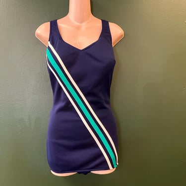 vintage mod navy striped swimsuit 1960s maillot one piece XL 