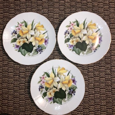 3pc Vintage St. Martin email de limoges Dinner Plates, 9.5” floral bouquet, Scalloped French plate set~Porcelain embossed wicker gold sides 