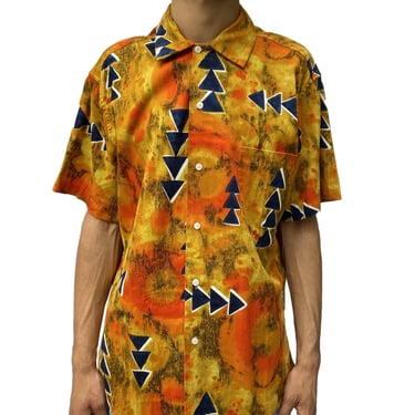1980S Reyn Spooner Mustard Yellow Tie Dyed Cotton Blue Arrows Hawaiian  Shirt 