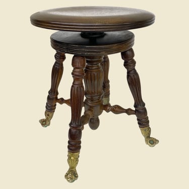 Vintage Piano Stool Retro 1990s Victorian + Reproduction + Claw Feet + Green Glass Ball + Brown Wood + Round Seat + Adjustable Seat Height 