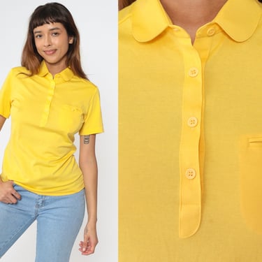 Yellow Polo Shirt -- Vintage 80s Peter Pan Collar Button Up Shirt Retro Tshirt Collared 1980s Short Sleeve Tee Plain Small S 