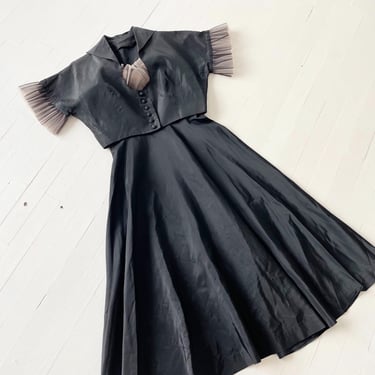 1950s Black Taffetta Dress with Net Neckline + Matching Jacket 