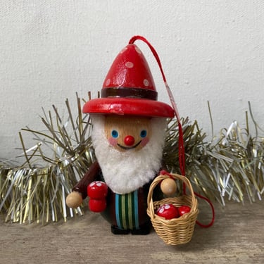 Vintage Steinbach Mushroom Collector Man Christmas Ornament, Has Original Tag, Made In Germany, Wooden Ornament, Gathering Basket 